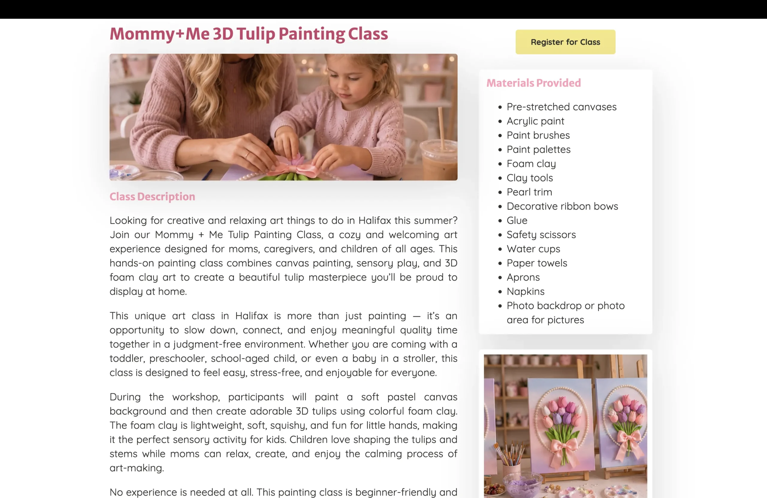 Artsyblossom class detail page with Register for Class button, built by Sairi Digital Solutions