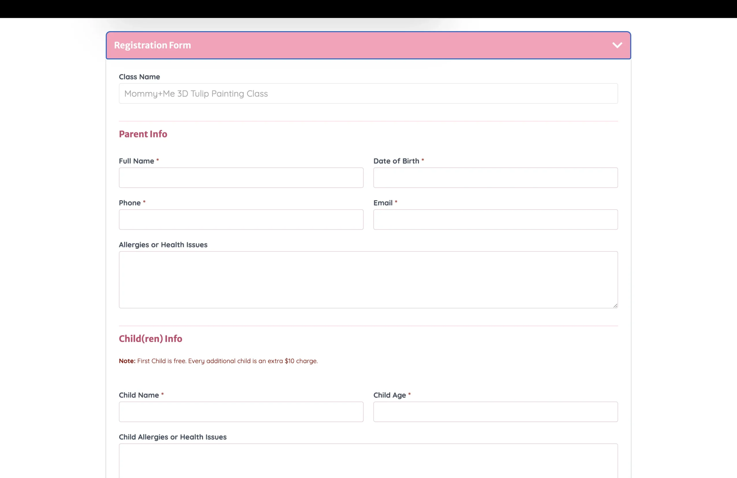 Automated class registration form with parent and child information, built by Sairi Digital Solutions Halifax